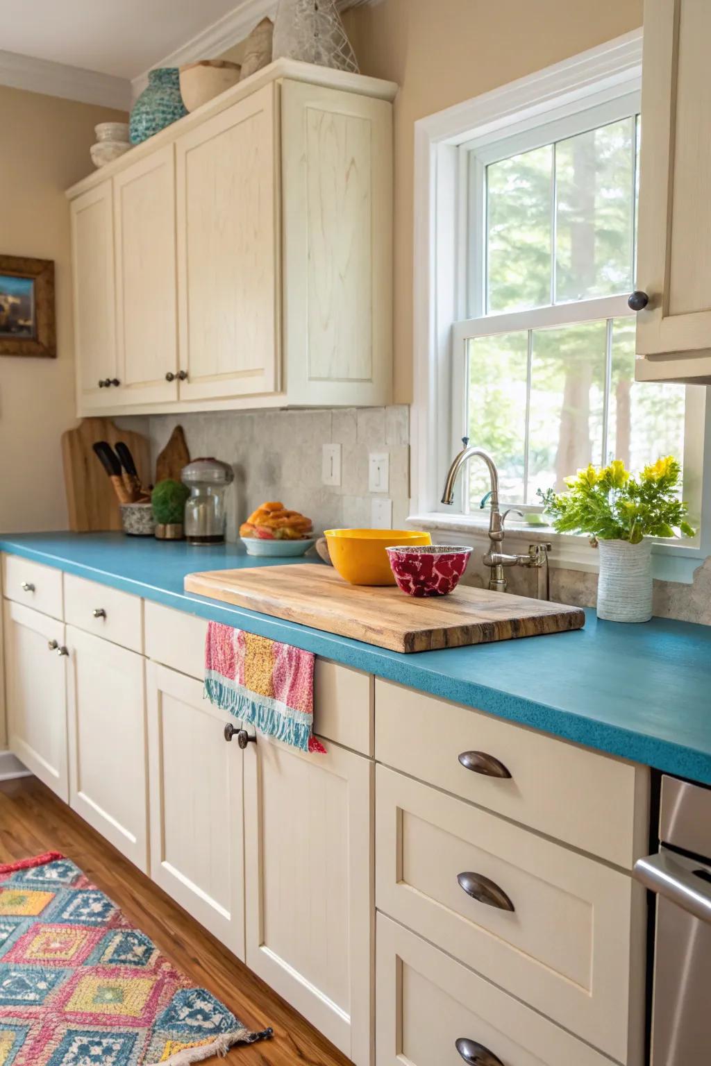 A bold pigment burst on timber countertops for a vibrant kitchen style.