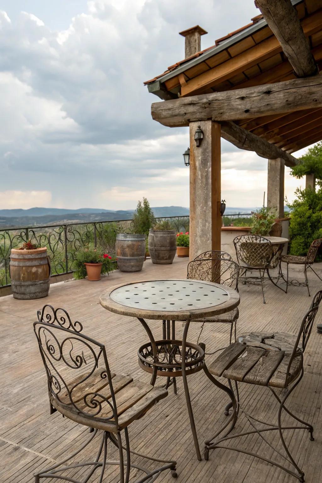 Craft a serene escape with countryside wrought iron and wood elements.