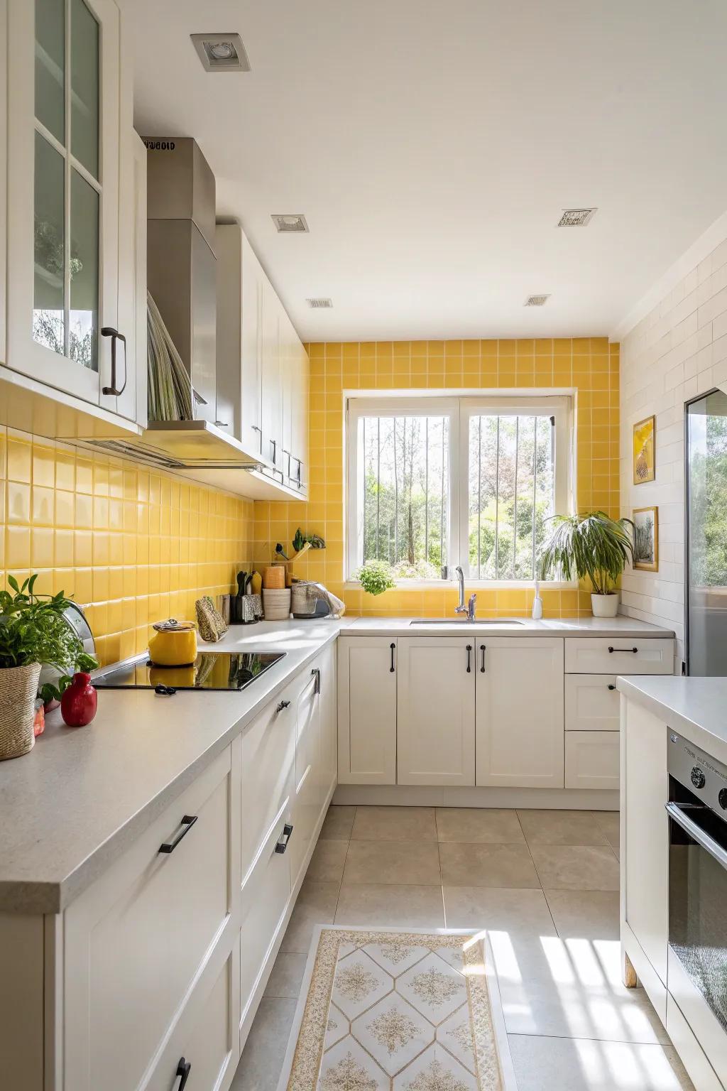 Sunlight enhances the brightness of the goldish backsplash.