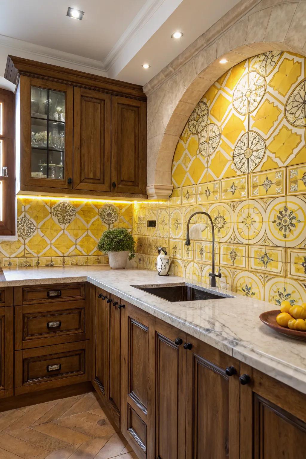 Ornamental yellow tiles create an impressive visual effect in a kitchen.