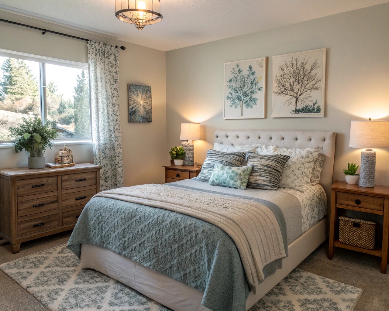 A cozy and tranquil bedroom displaying varied-height decor items that reflect personal style and promote rest.