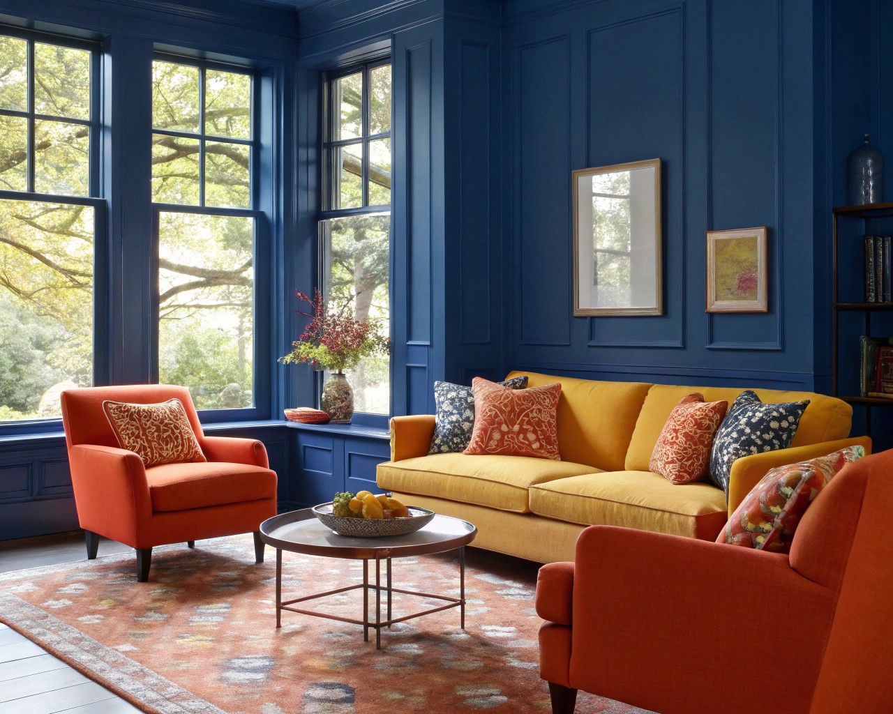 A dynamic living room showcasing bold, unexpected color duos that captivate and transform the space.