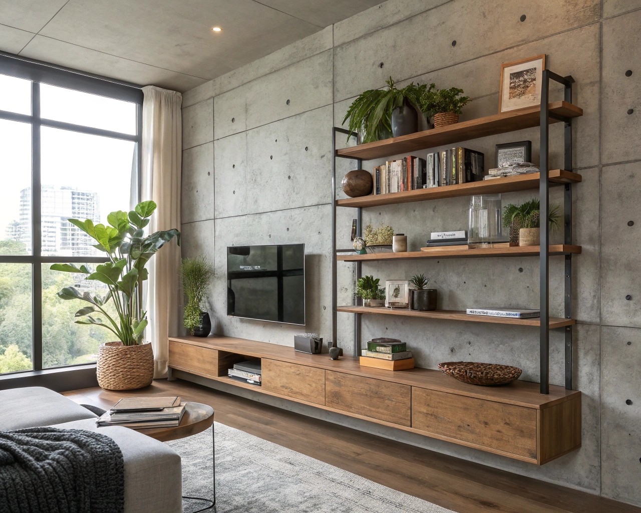 A kitchen that beautifully contrasts cool concrete and warm wooden materials to create a striking aesthetic.
