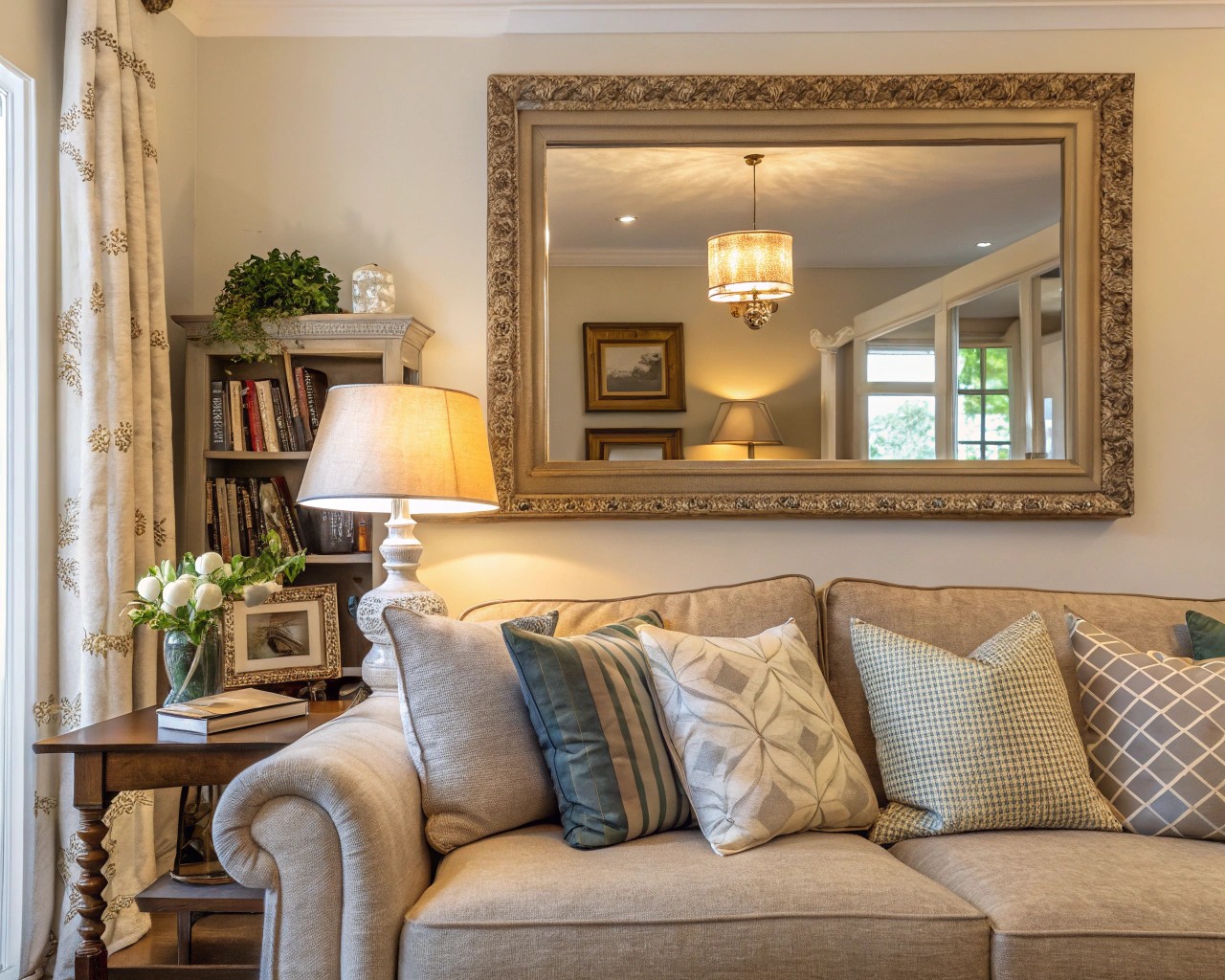 A strategically placed mirror above a sofa enhances light and room perception, perfect for smaller spaces.