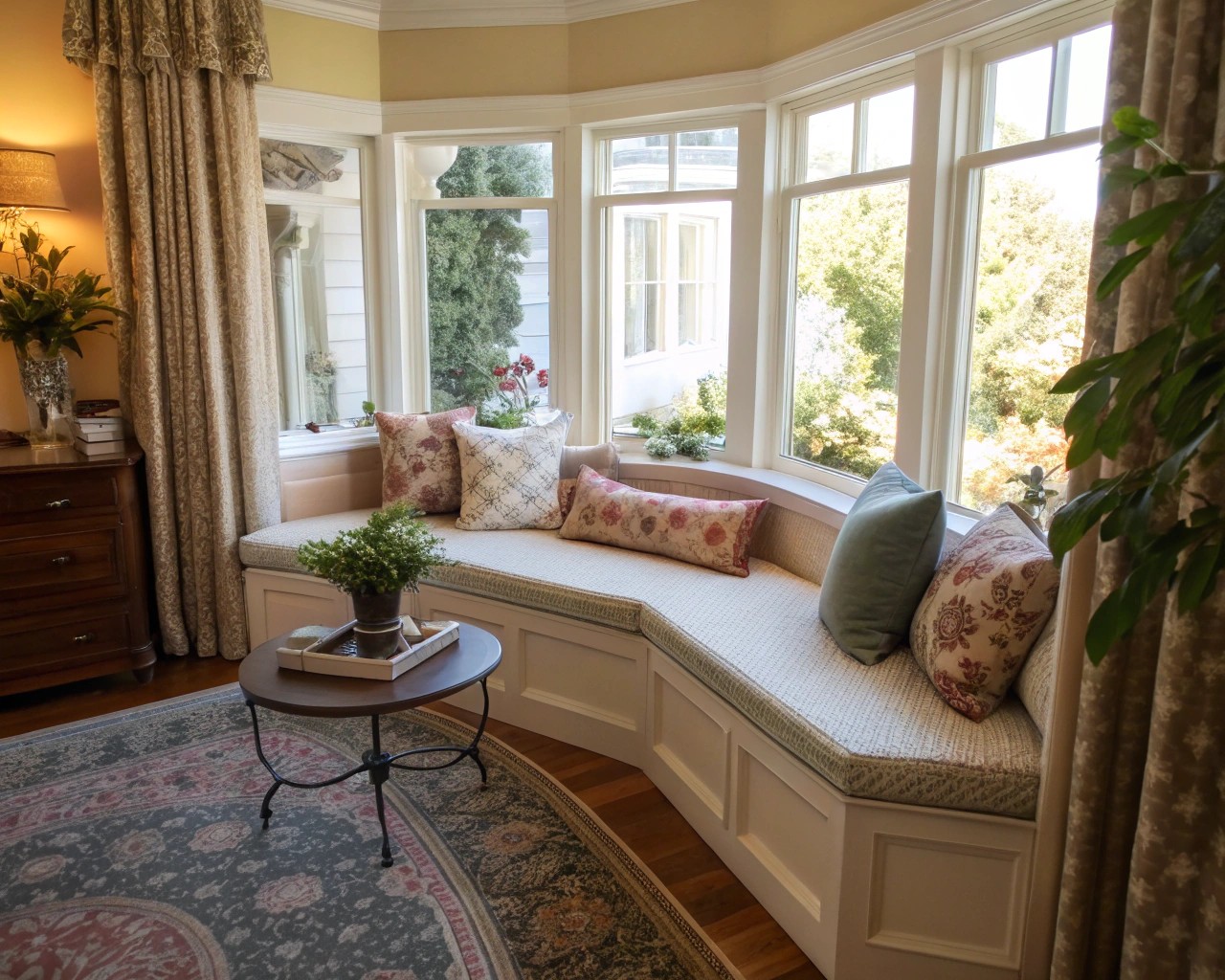 A stylish residential setting employing chaise lounges and banquette seating to achieve an elegant yet functional arrangement.