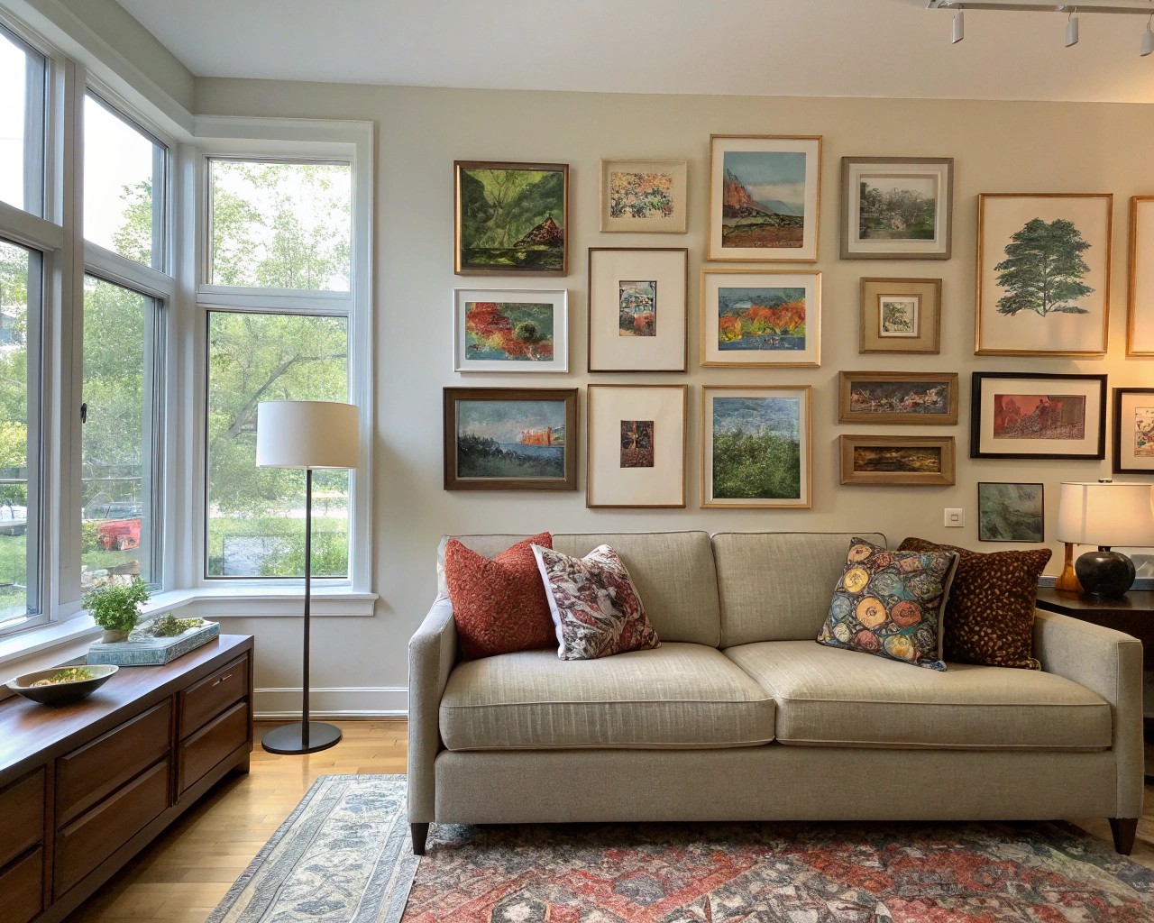 An artfully curated gallery wall above a sofa adding personality and visual interest to the living space.