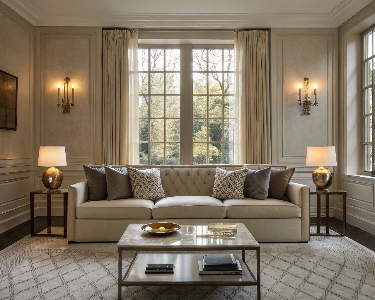 Architectural wall sconces provide elegant lighting solutions, highlighting the area above a sofa and adding ambiance.