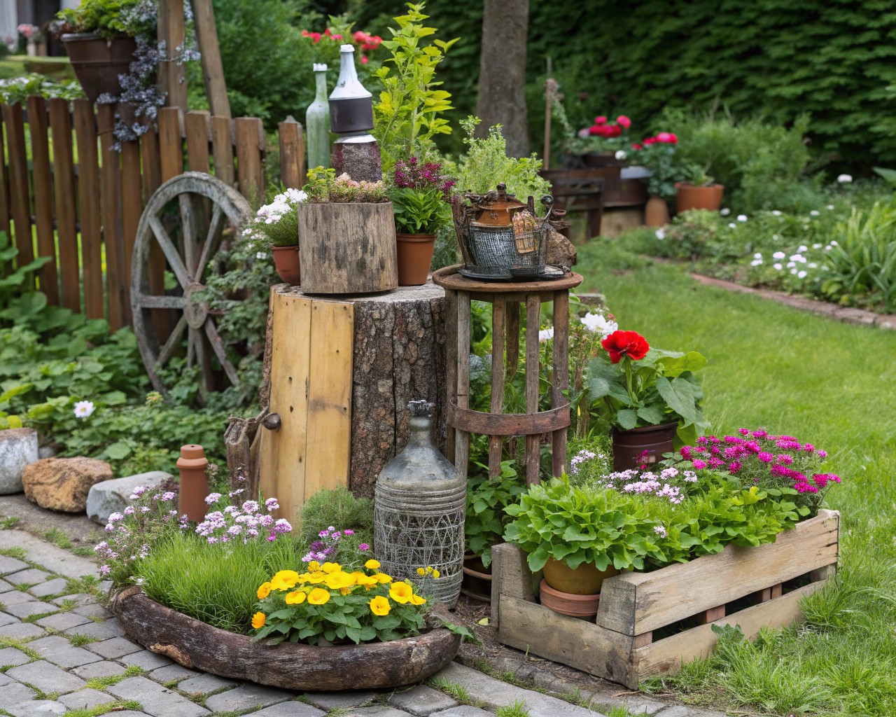 Artistic upcycling projects bring personality and interest to garden decor, repurposing old items into new treasures