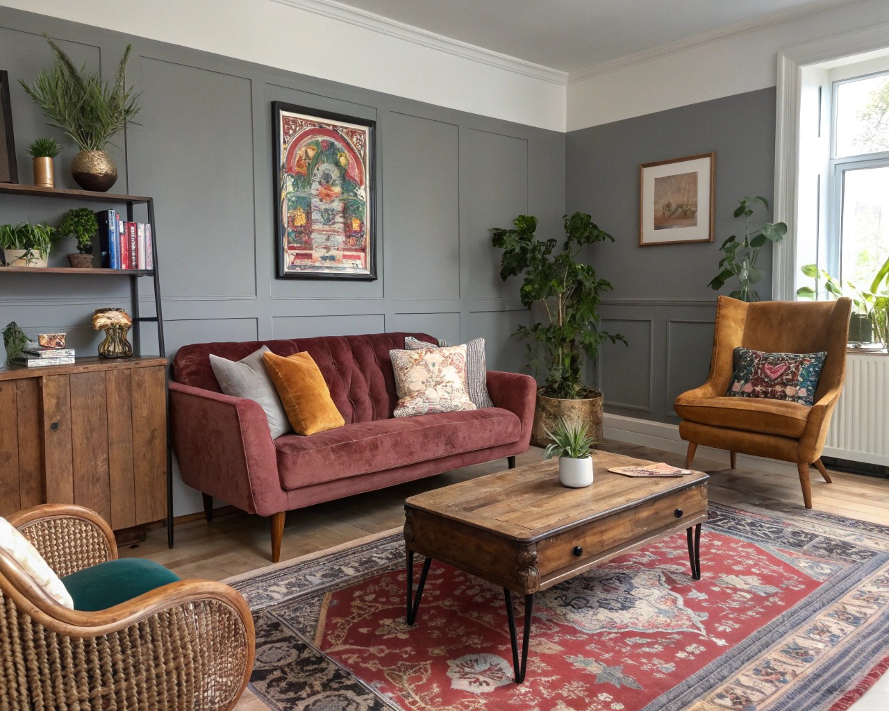 Exploring a cozy reading nook where eclectic furniture and decor create a harmonious yet unexpected visual appeal.