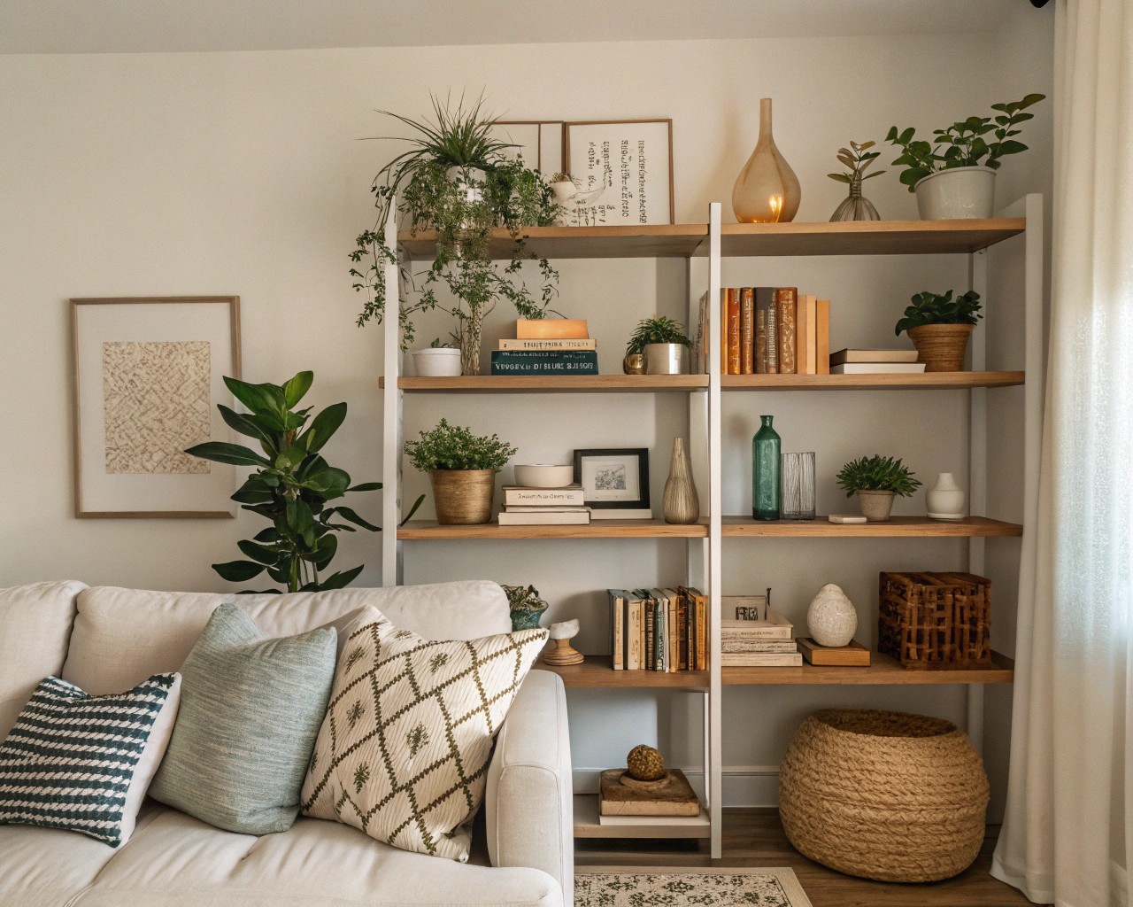 Floating shelves above a sofa provide decorative and storage solutions, perfect for renters and flexible styling.