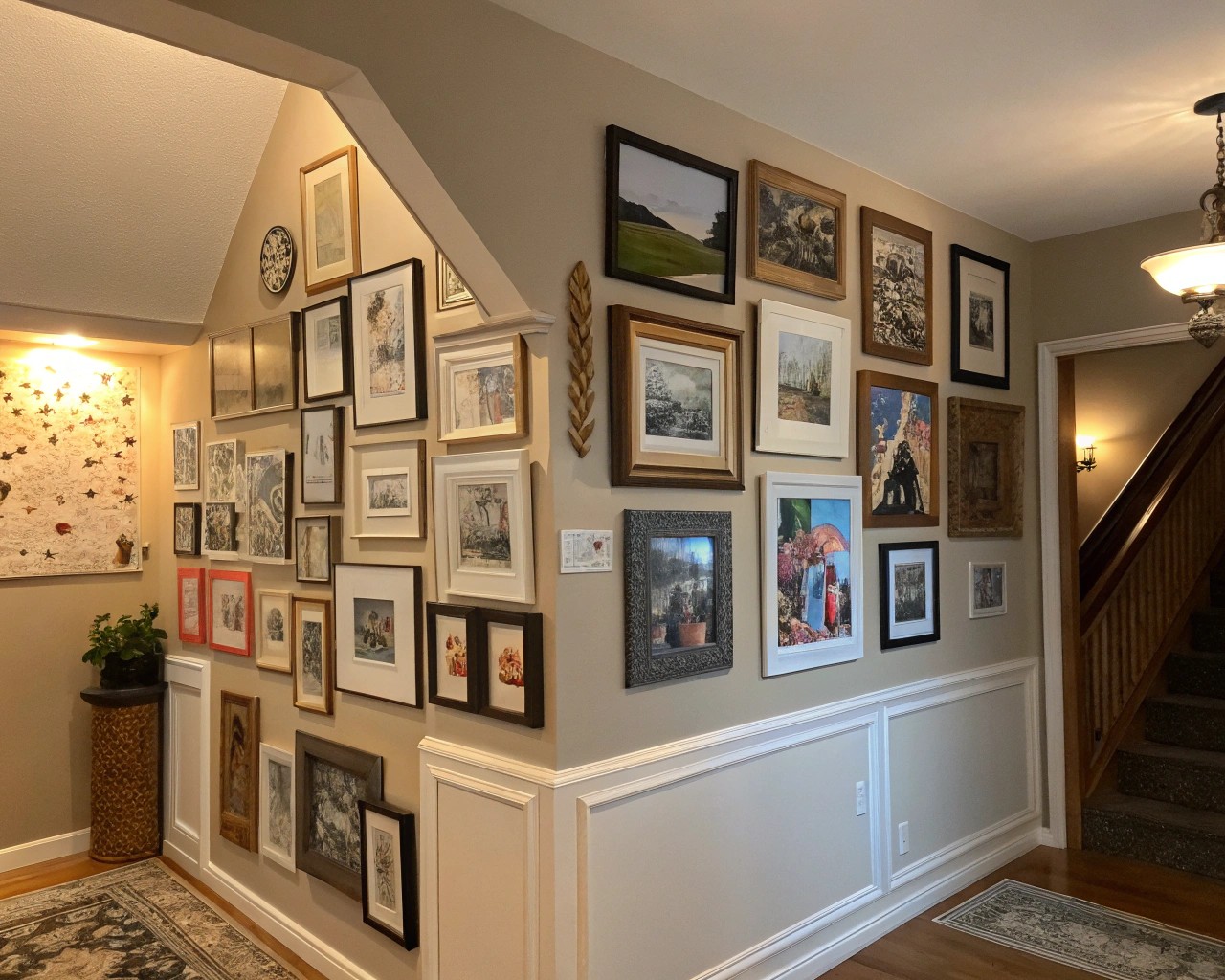 Gallery walls in corners maximize vertical space and create stunning visual interest.