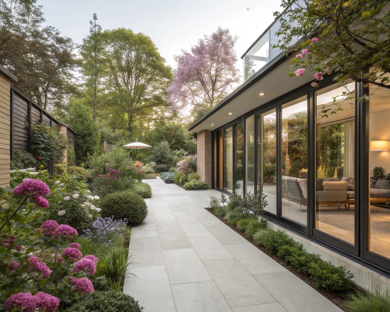 Integration of materials harmonizes indoor and outdoor spaces, creating a seamless garden aesthetic.