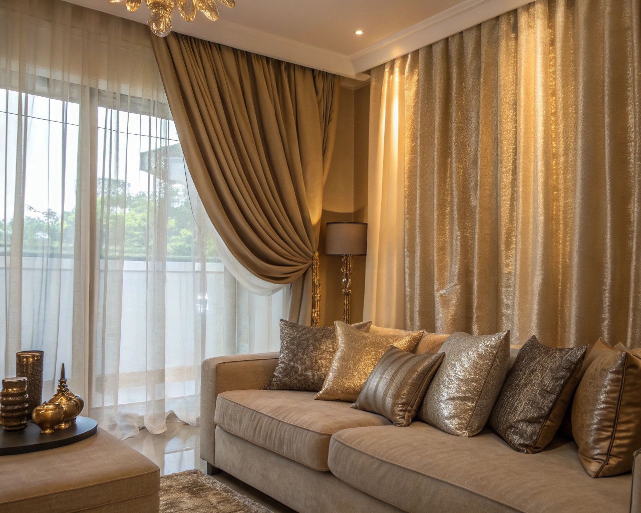 Reflective textiles amplify light in a windowless room for added depth.