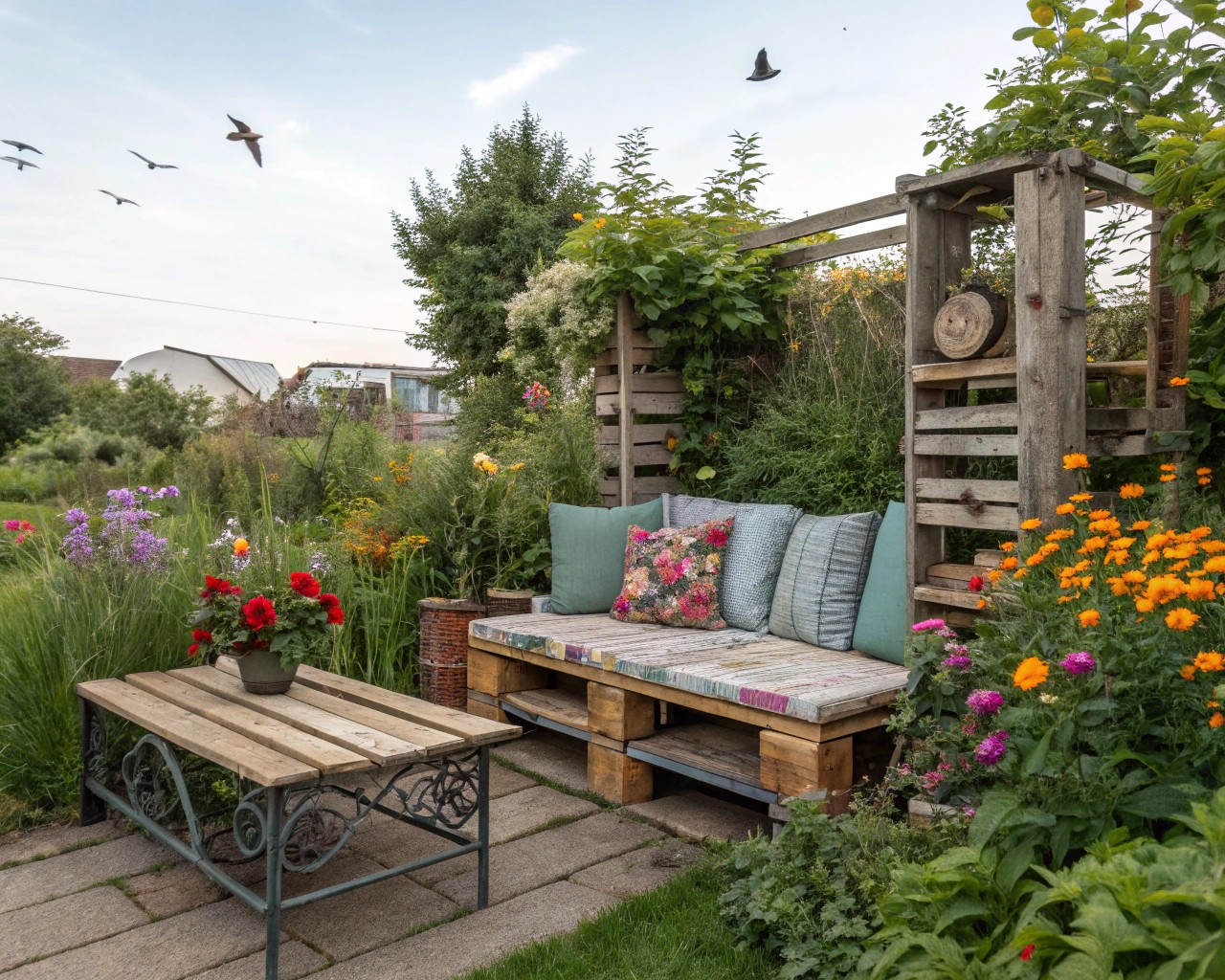 Repurposed materials and upcycled designs add unique character and cost savings to outdoor spaces