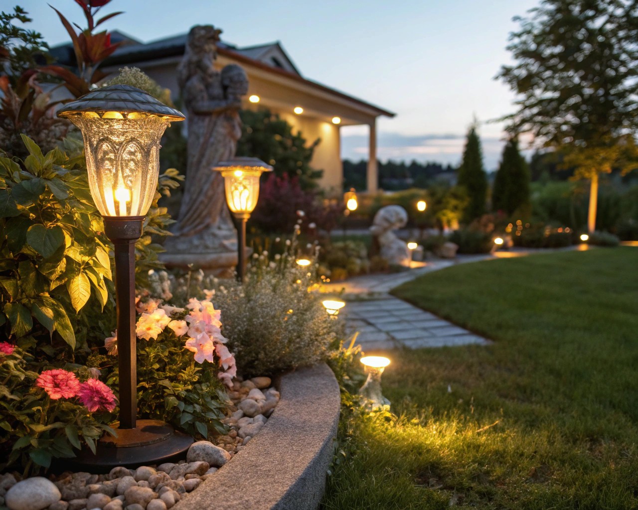 Solar-powered lights line garden pathways, providing sustainable and cost-effective lighting solutions