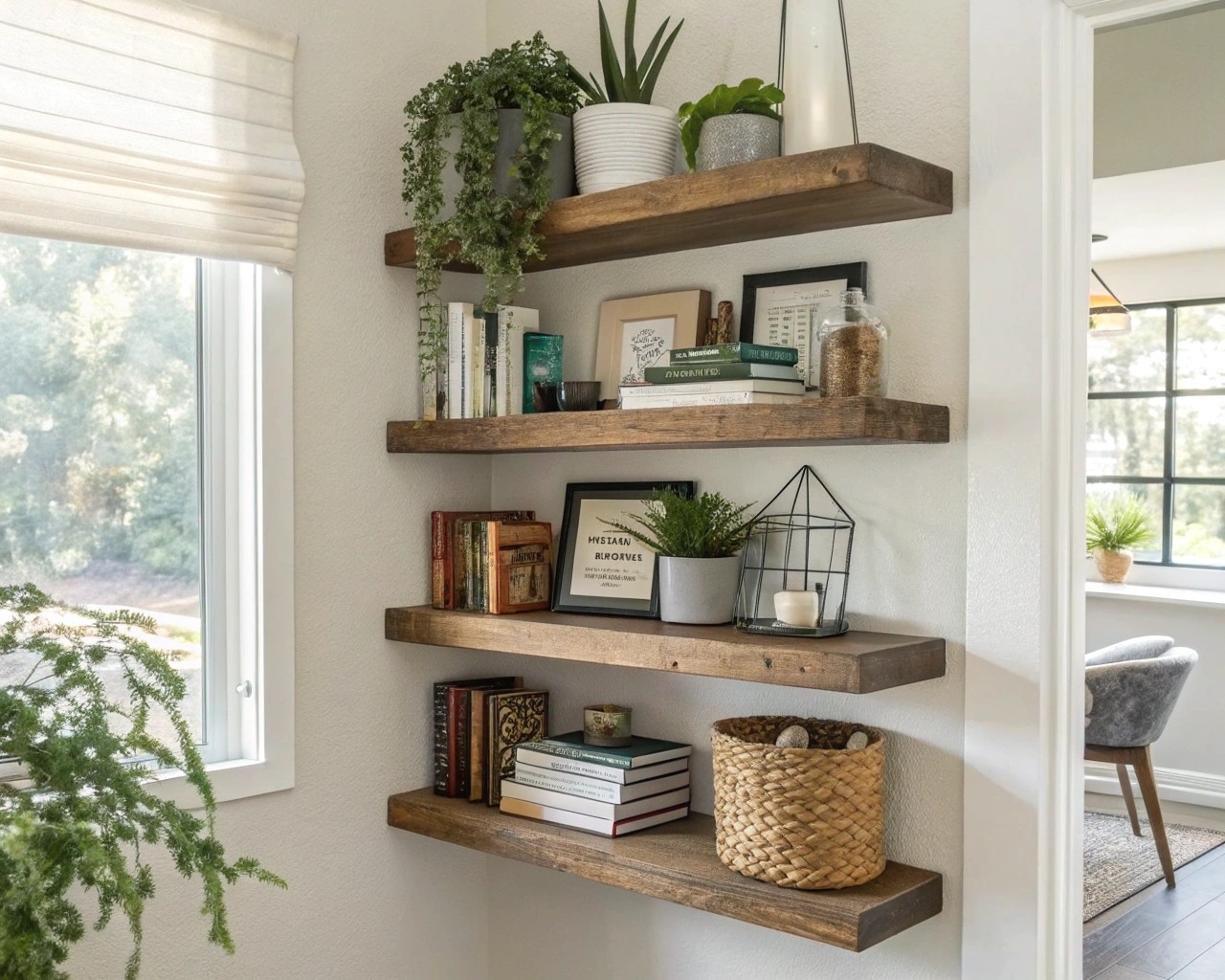Strategic storage solutions help utilize corner space effectively, adding functionality and style.