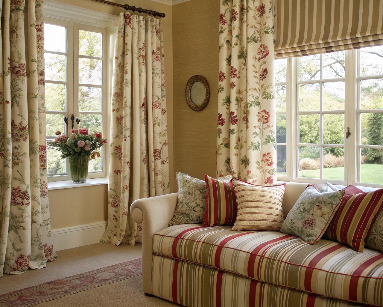 Successful pattern mixing adds movement and interest in windowless environments.