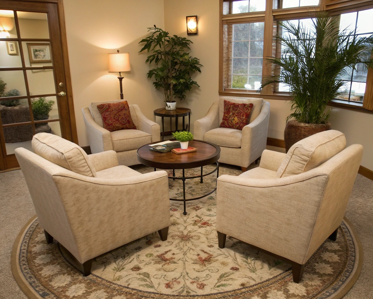 Thoughtfully designed conversation zones in a residential setting, encouraging interaction and cohesiveness without a traditional sofa.